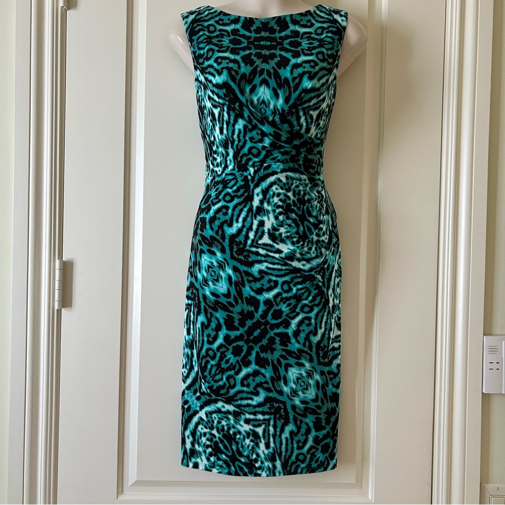 ANNE KLEIN NWT TURQUOISE/Blac k Animal Print Knee- Length Dress, Front Twist, 4